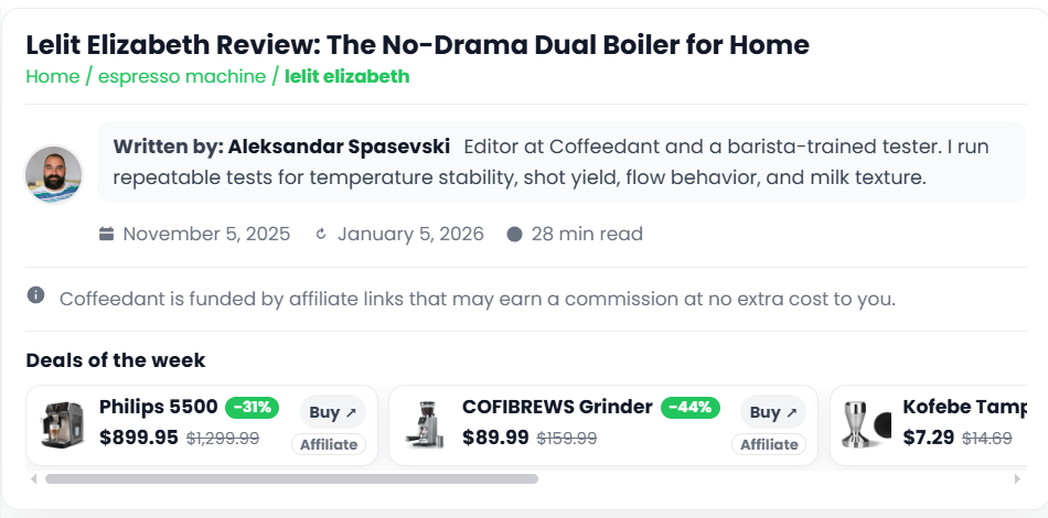 Review page shell with trust elements and monetization rail